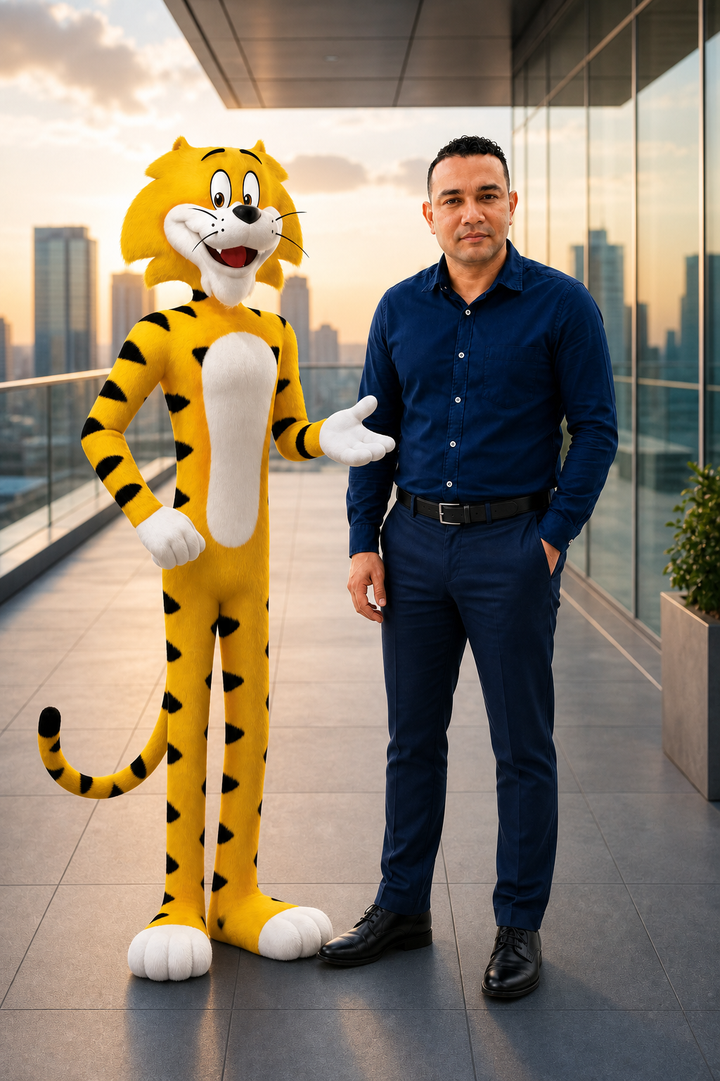 Jorge Martínez de cuerpo completo junto al personaje tigre en un mirador ejecutivo